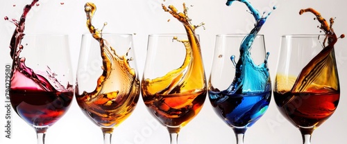 Five wine glasses, with colorful liquid splashes in each glass, against a white background, professional photography with studio lighting, a wide angle lens Background Image,Desktop Wallpaper