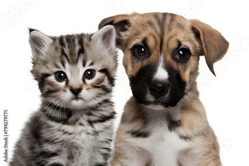 Adorable close up of a kitten and puppy gazing at the camera together