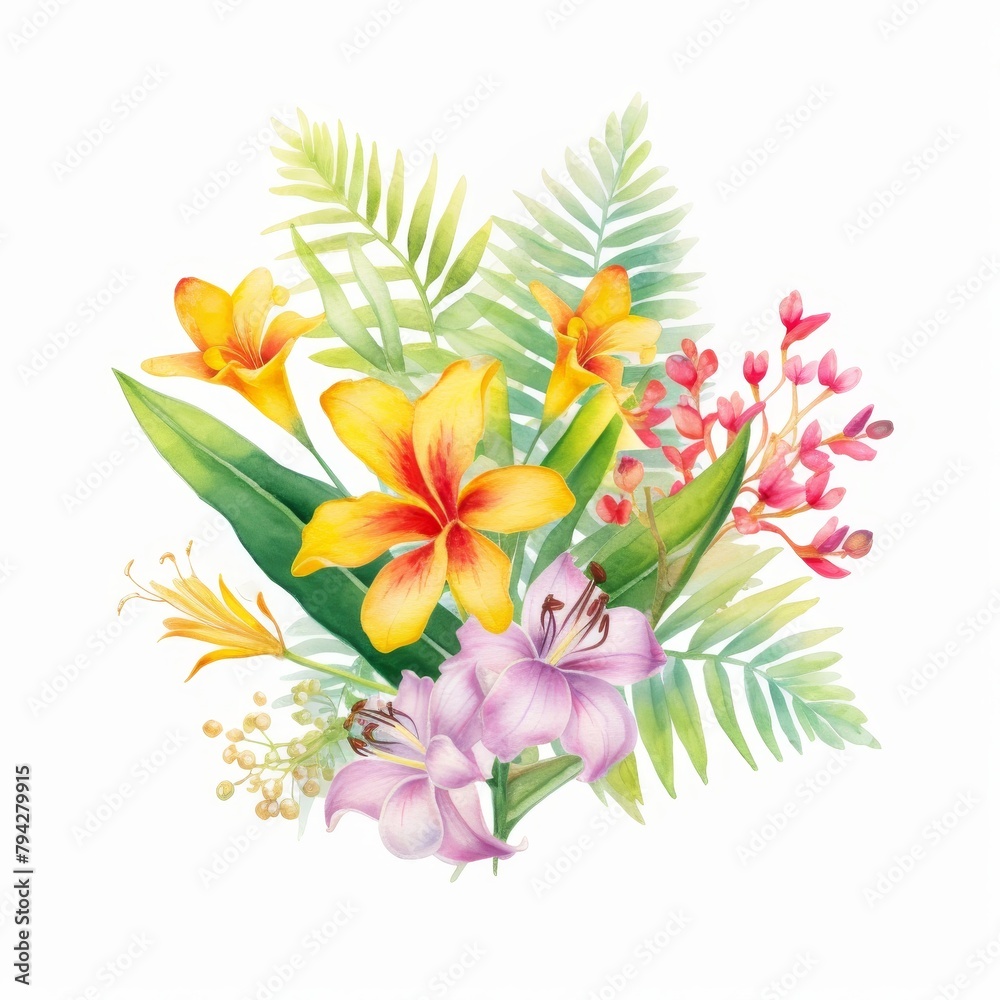 Delicate watercolor artwork of tropical foliage and colorful spring flowers, beautifully isolated on white, water color, drawing style, isolated clear background