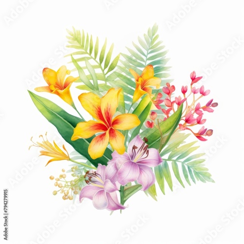 Delicate watercolor artwork of tropical foliage and colorful spring flowers, beautifully isolated on white, water color, drawing style, isolated clear background