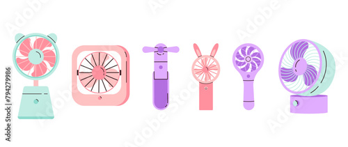 Set of portable electric fan. Various cooling fans: with cute bear ears, handheld. Various portable equipment for home and summer travel. Vector illustration in cartoon style. Isolated background
