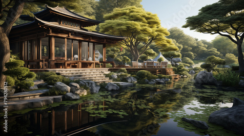 Orient architecture buildinf. Water, forest, park in asian garden. Generated with AI photo