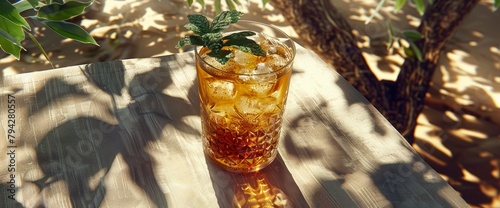 Photo of a julep cocktail with ice and mint leaves, taken from an overhead angle on a grey tablecloth background, in the style of Renato Vieria, Background Image,Desktop Wallpaper Backgrounds