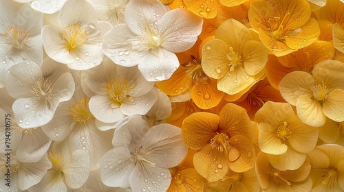  yellow and white flowers with accompanying water beads