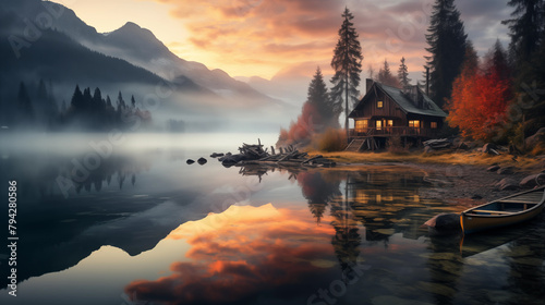 Wooden cabin on mountain view. Calm lake with mist and sun
