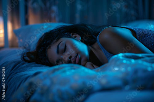 close up young hispanic woman sleeping in bed at night. latin female sleep hygiene concept good night rest and wellness