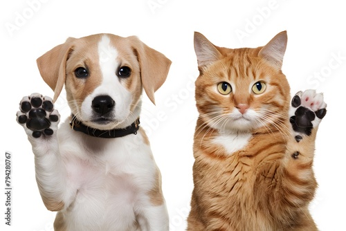 A cute puppy and cat with raised paws greet the viewer warmly