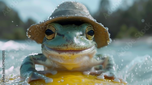   A tight shot of a frog donning a hat overhanging a water surface  surrounded by trees in the backdrop