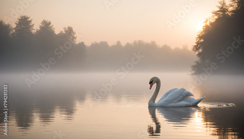 Serene Swan on Misty Lake at Dawn