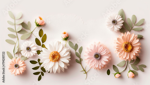 Beautiful flowers flower frame flat lay  top view  free space. Generative AI 
