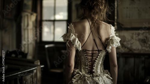 The darkness of the saloon is punctuated by the ethereal figure of a woman dressed in a vintage corset top with a laceup back and a ruffled skirt with layers of tattered . photo