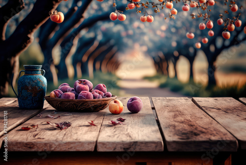 plums on the table in the garden. Generative AI,