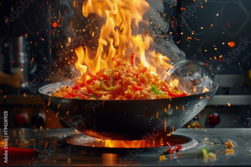 Fiery stir-fry cooking in a wok with intense flames and vibrant vegetables