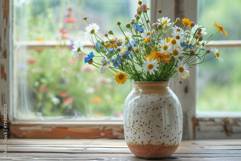 Spring daisies in a spotted cream vase Spring daisies in a spotted cream vase
