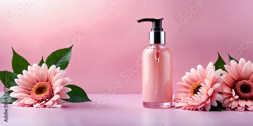 Trendy background with natural cosmetic skincare bottle and flower , Product presentation Beauty and body care product concept