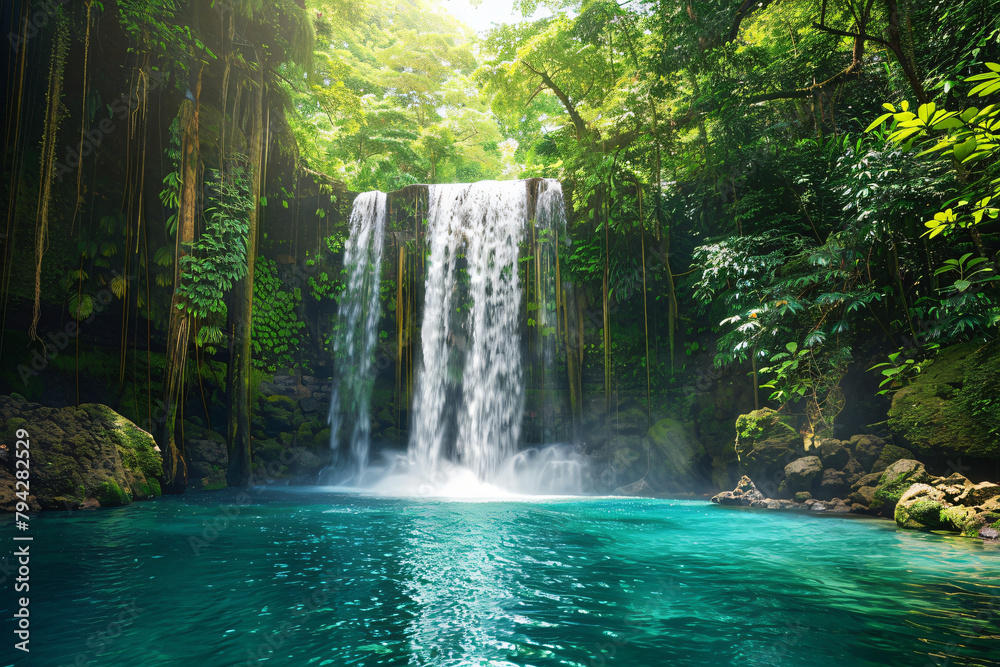 Discovering paradise: A waterfall's breathtaking cascade into a serene blue pool Discovering paradise: A waterfall's breathtaking cascade into a serene blue pool