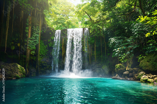 Discovering paradise  A waterfall s breathtaking cascade into a serene blue pool