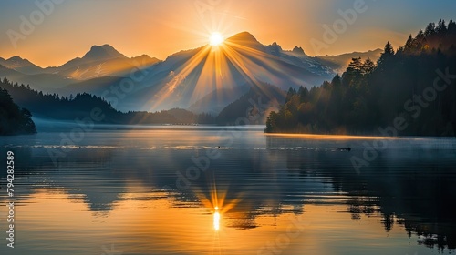 sun lights of rising sun behind hte mountains nearby the water of lake photo