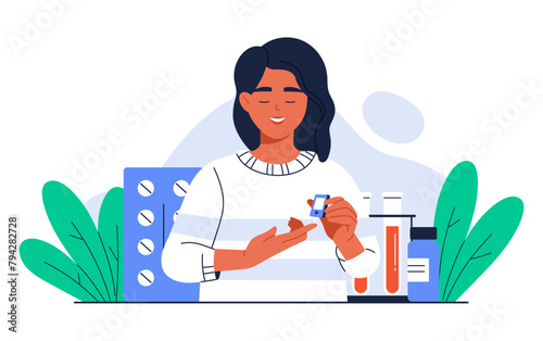 Woman using digital glucometer and measuring sugar. Blood glucose level test. Female patient with diabetes. Diabetes treatment, healthcare. Isolated vector illustration in cartoon style