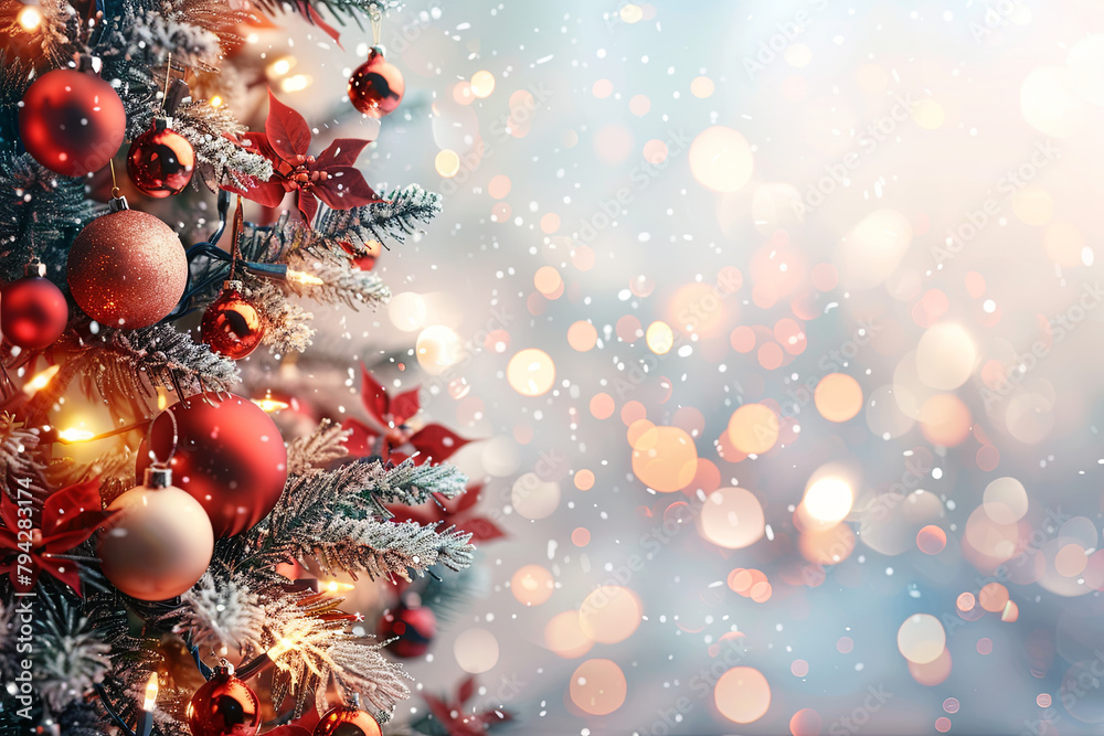A festive Christmas banner featuring a tree adorned with baubles against a backdrop of sparkling lights, with space for text A festive Christmas banner featuring a tree adorned with baubles against a backdrop of sparkling lights, with space for text