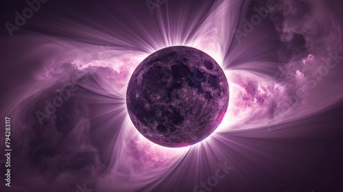   A sun in shades of black and purple, encircled by clouds, floats in a midnight sky of similar hues A notable object occupies the image's center photo