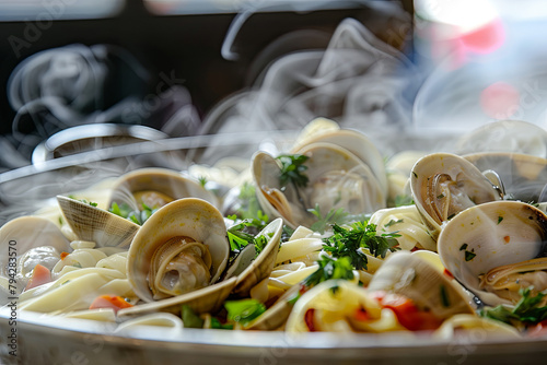 A savory dish of steamed clams and linguini garnished with parsley, served steaming hot in a casserole