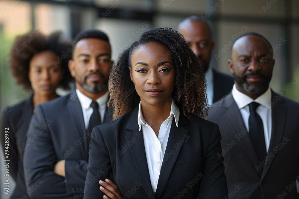 A confident black female CEO standing in front of her team, leadership concept A confident black female CEO standing in front of her team, leadership concept