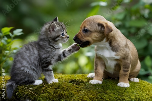 Playful interaction between young kitten and puppy on mossy patch surrounded by lush greenery