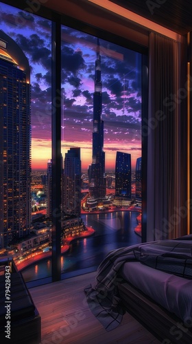 bedroom adorned with a panoramic window showcasing a cityscape at twilight  its skyscrapers illuminated against the evening sky  all set amidst a sophisticated  monochrome color scheme.