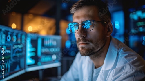 Scientist working on computer in laboratory.