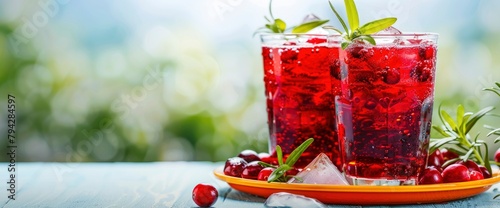 Two tall glasses mocktail with ice and cranberries, rosemary sprig garnish on an orange platter, light blue background, professional photography with natural lighting, Background Image © ACE STEEL D