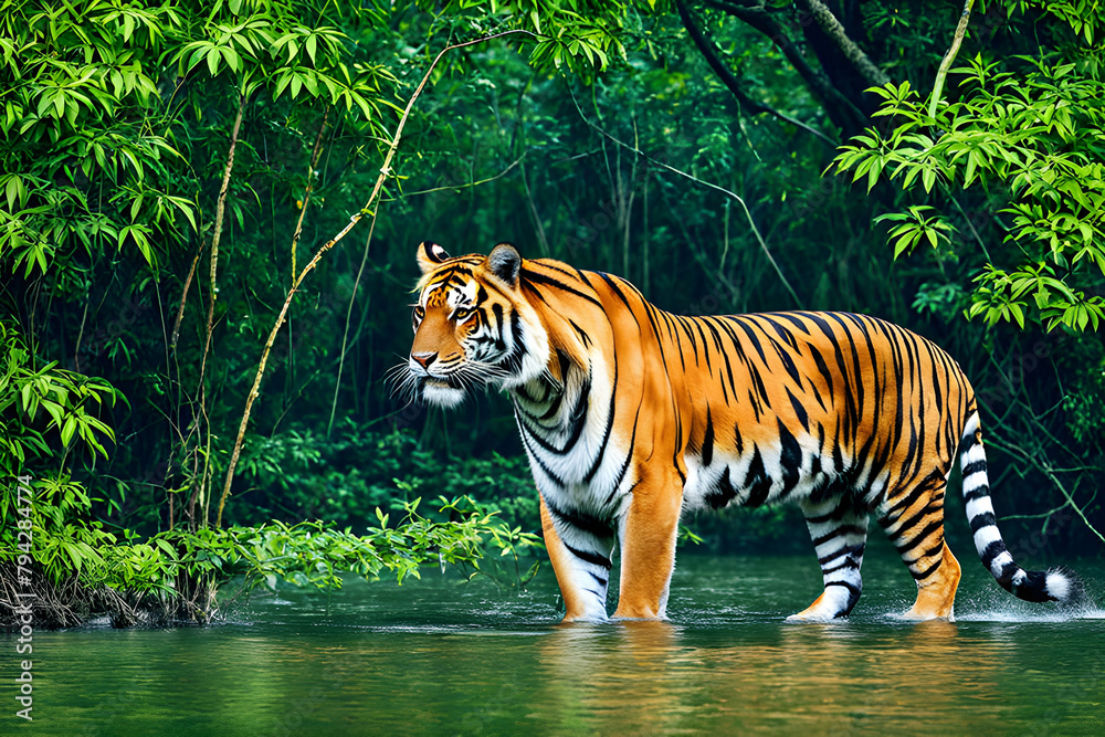 Obraz premium Bengal tiger with a mustache walks through a pond and does not look at the camera.