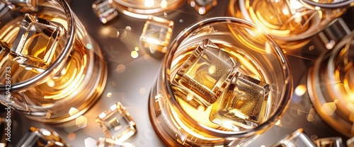 Whiskey with ice cubes in glass stock photo, Art deco pattern background. High resolution photography, with insanely detailed and intricate details