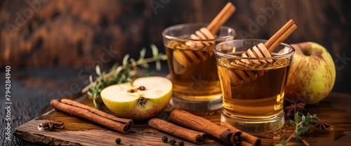 Winter apple spiced cocktail with cinnamon, thyme and honey in glasses on a wooden table against a dark background. An autumn drink for the cold season