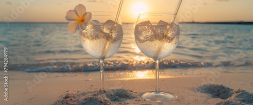Two fancy glasses with ice and fruit in them, a straw inside each glass on the beach at sunset. A white flower hanging from one of the straws, giving a summer vibe with vibrant colors