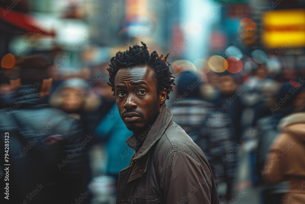A black man with a concerned facial expression standing in a moving crowd, loneliness, anxiety concept