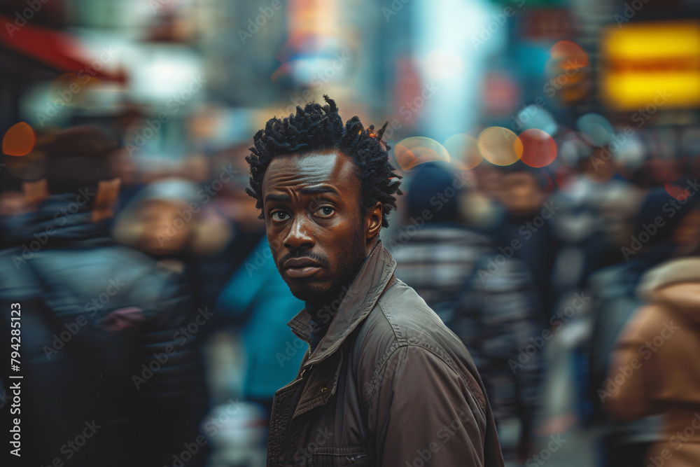 A black man with a concerned facial expression standing in a moving crowd, loneliness, anxiety concept A black man with a concerned facial expression standing in a moving crowd, loneliness, anxiety concept