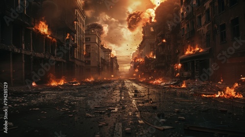 Dramatic view of a city street amidst fiery apocalypse, with buildings engulfed in flames
