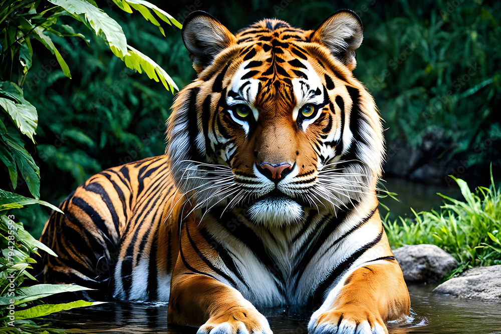 Fototapeta premium Bengal tiger with mustache lies in the jungle and looks at the camera.