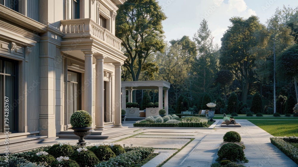 a mansion's front view in a full shot, where open spaces beckon with a sense of grandeur and sophistication.