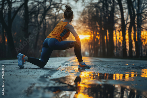 A female runner stretching her legs before she goes on a run in the morning