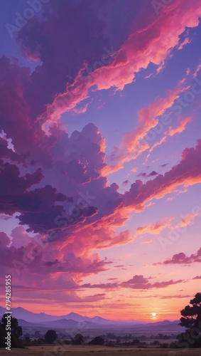 Landscape View of a Sunset Sky Painted in Shades of Pink and Purple.