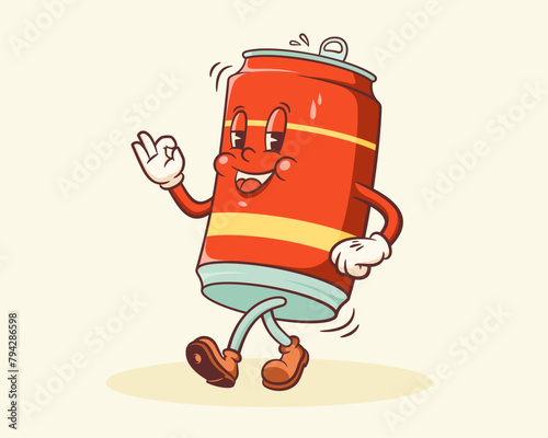 Groovy Beer Cartoon Retro Character Emblem Illustration. Drink Tin Can Walking Smiling Vector Logo Mascot Template. Happy Vintage Cool Alcohol Beverage Rubber Hose Style Personage Drawing Isolated (ID: 794286598)