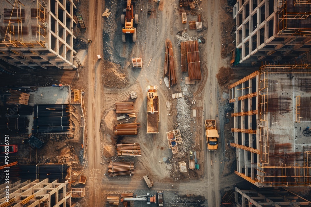 Aerial view of bustling construction site with active workers and heavy machinery