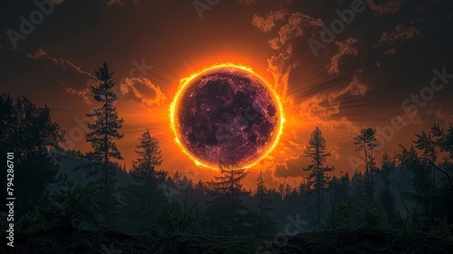   A sun image amidst the night with trees in the foreground and clouds in the background is an anomaly The sun typically rises during mornings and sets in evenings, not