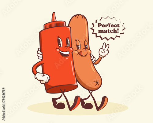 Groovy Hotdog Retro Characters Label. Cartoon Sausage and Ketchup Bottle Walking Smiling Vector Food Mascot Template. Happy Vintage Cool Fast Food Illustration with Typography Isolated