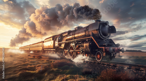 Classic steam locomotive powering through a picturesque landscape at sunset