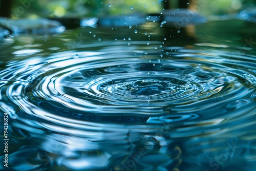Captivating close-up of water droplets creating ripples in a serene blue pool