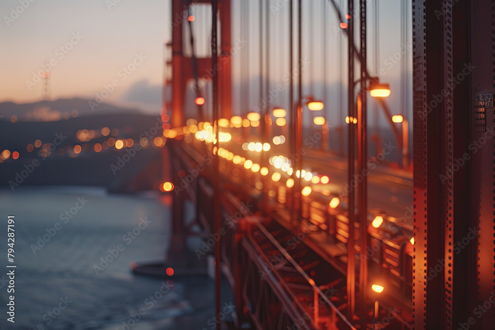 The Golden Gate Bridge bathed in the warm glow of sunset, showcasing the iconic San Francisco landmark