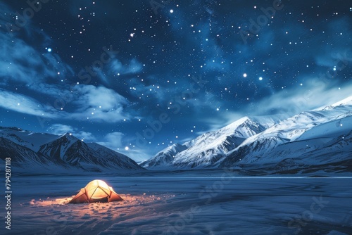 Starry night over snow-covered mountains with a glowing tent in the wilderness
